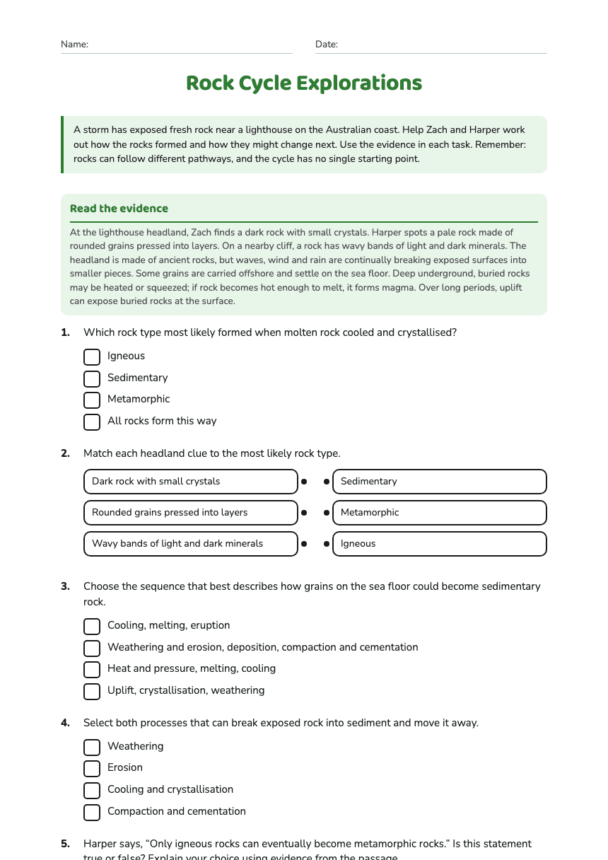 Rock Cycle Explorations worksheet preview