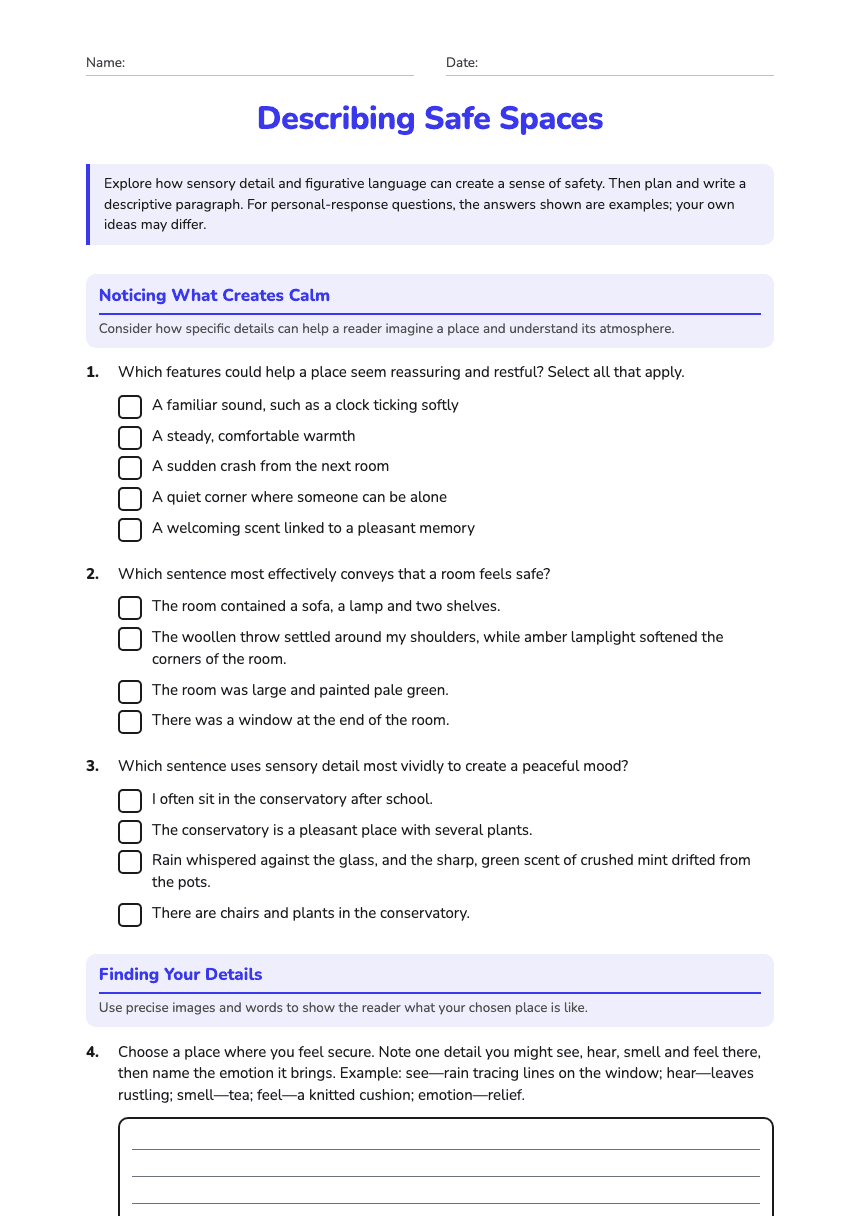 Describing Safe Spaces worksheet preview