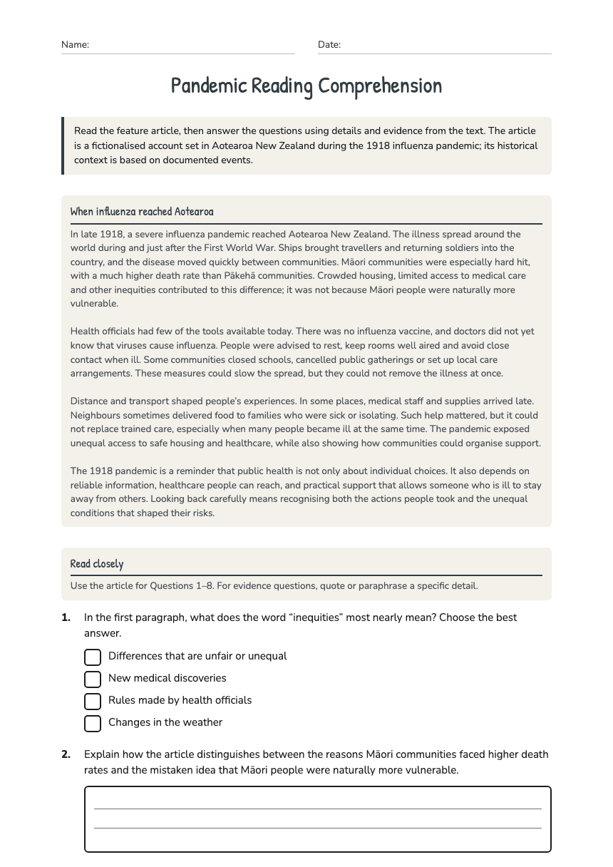 Pandemic Reading Comprehension worksheet preview