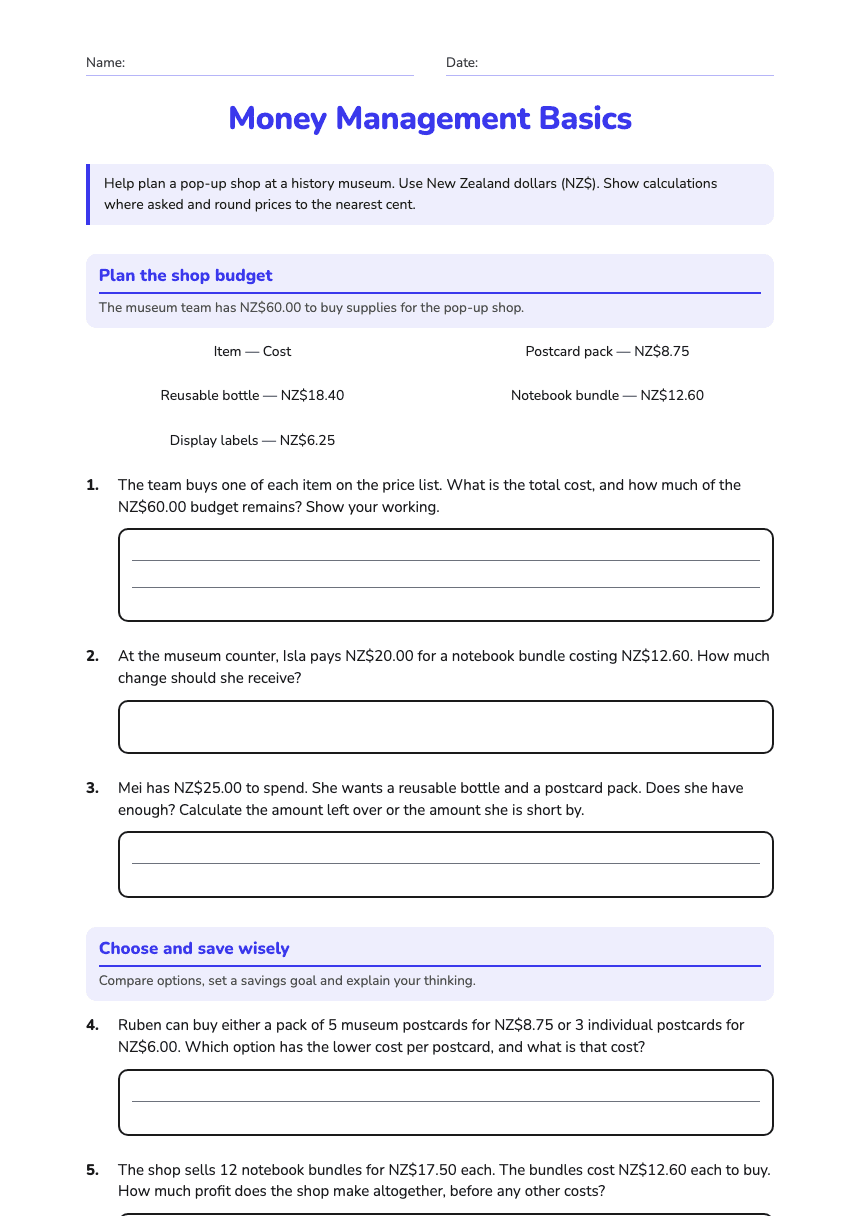 Money Management Basics worksheet preview
