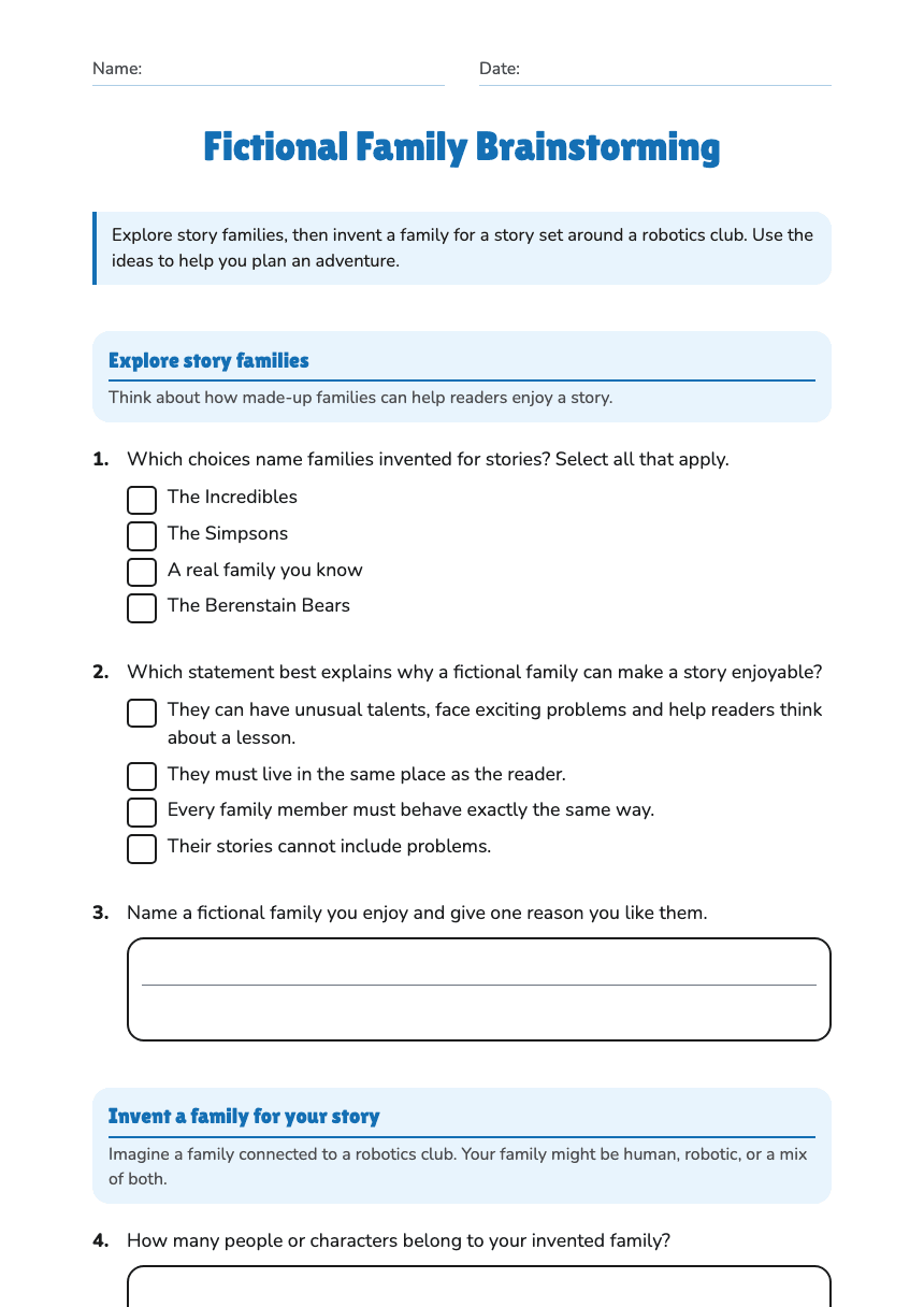 Fictional Family Brainstorming worksheet preview