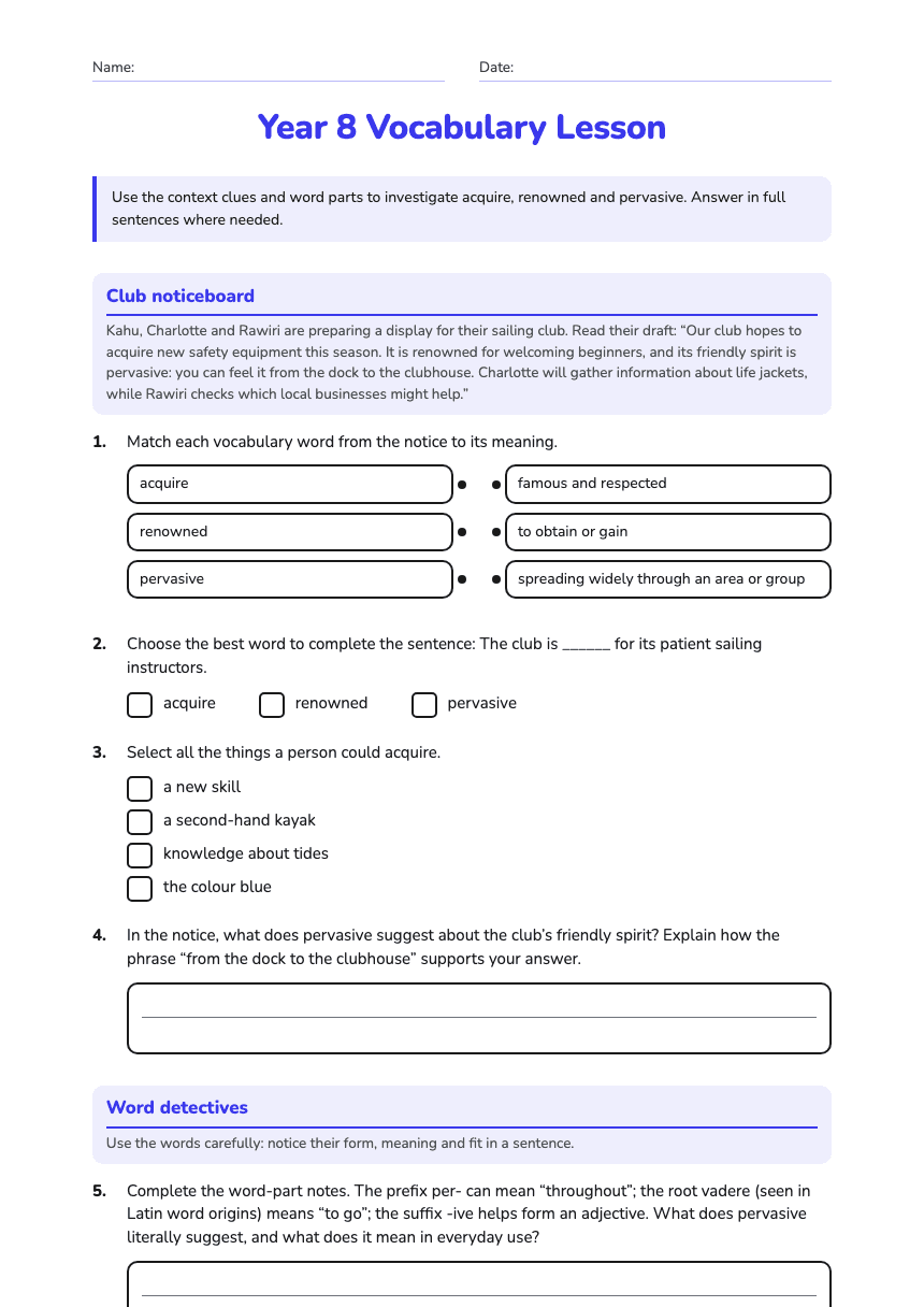 Year 8 Vocabulary Lesson worksheet preview