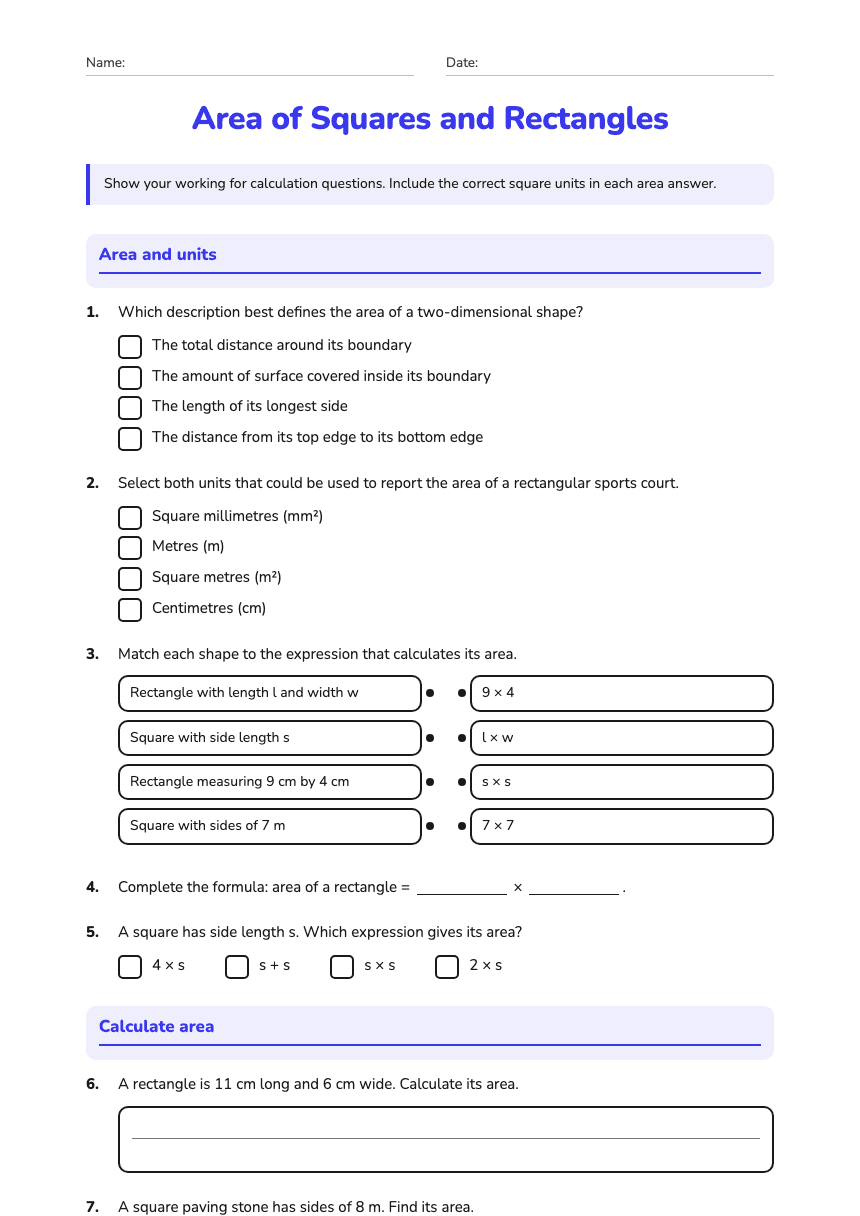 Area of Squares and Rectangles worksheet preview
