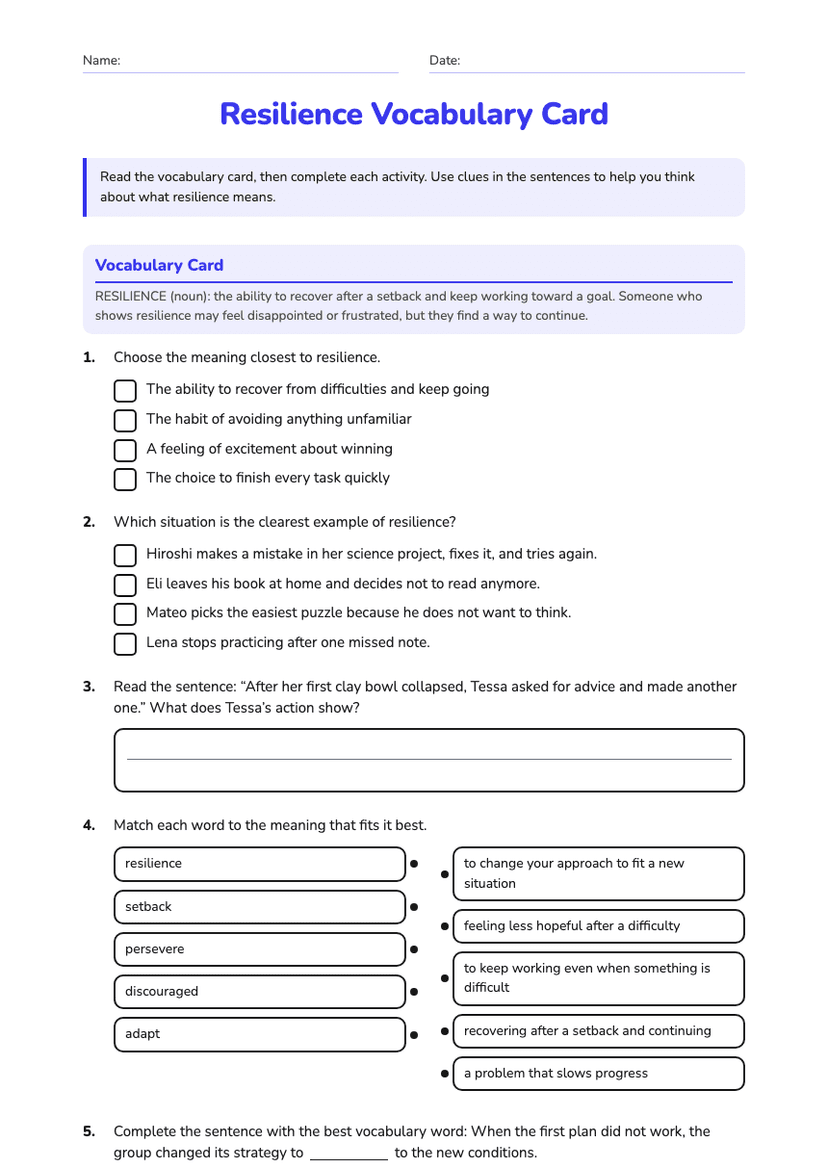 Resilience Vocabulary Card