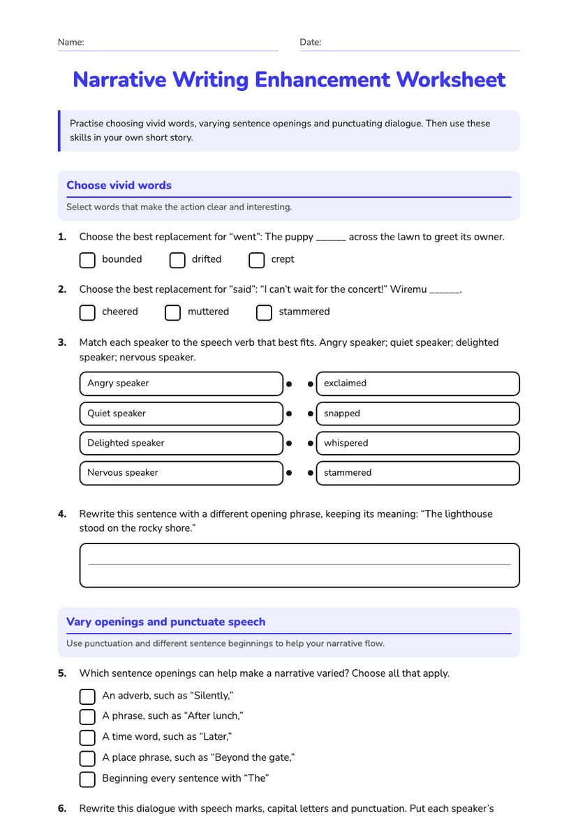 Narrative Writing Enhancement Worksheet
