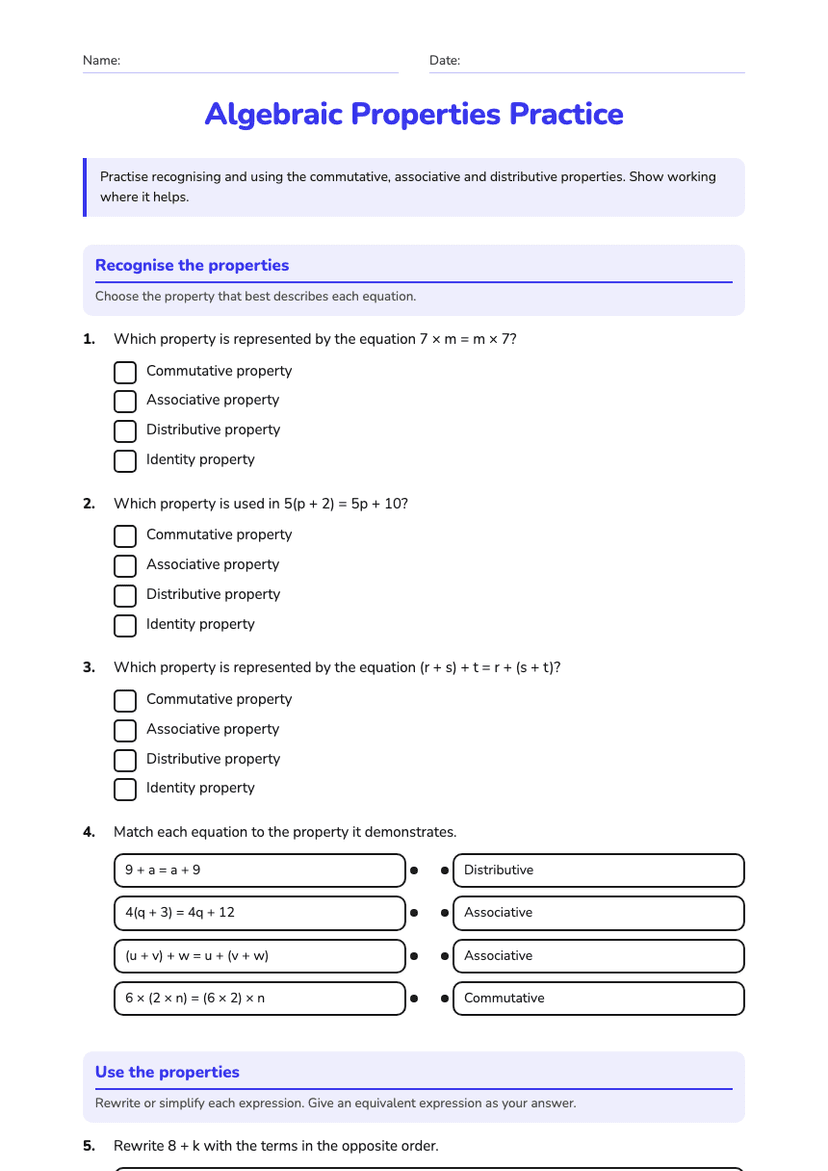 Algebraic Properties Practice