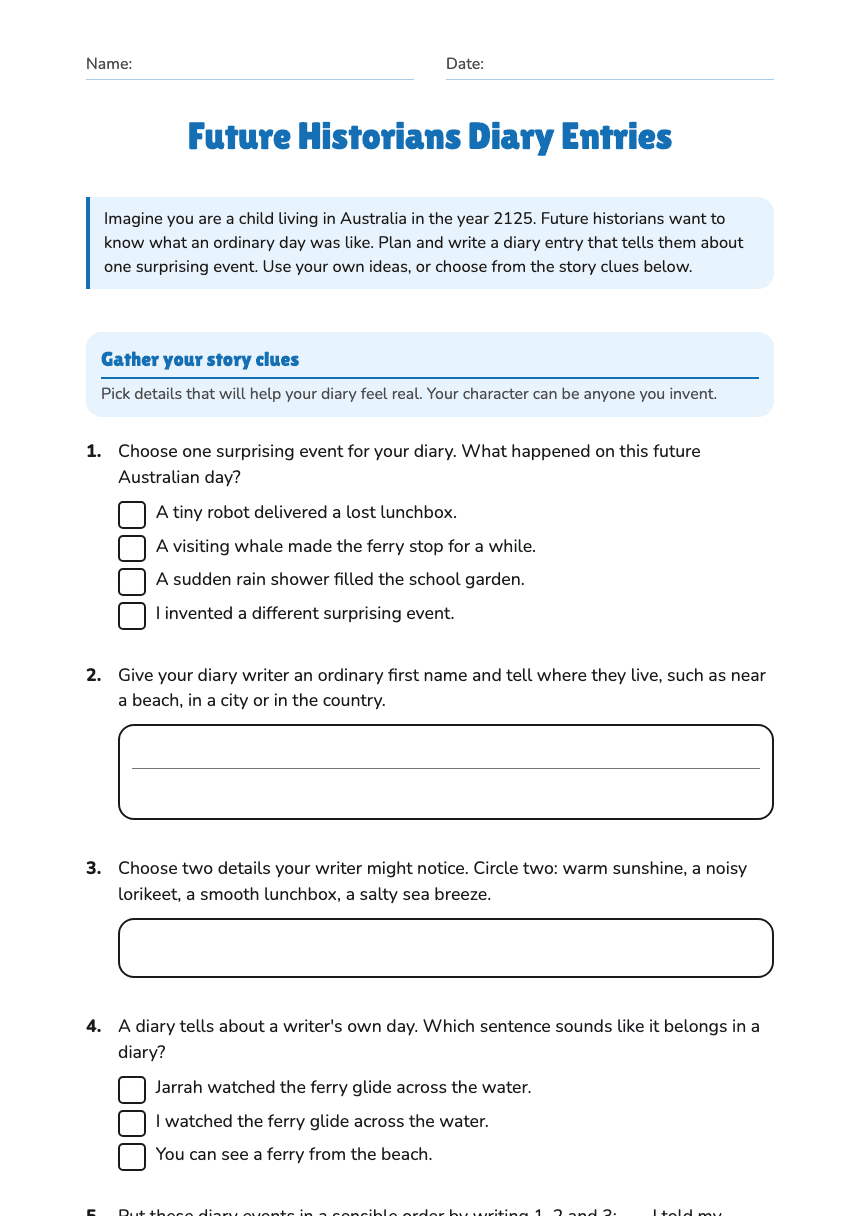 Future Historians Diary Entries worksheet preview