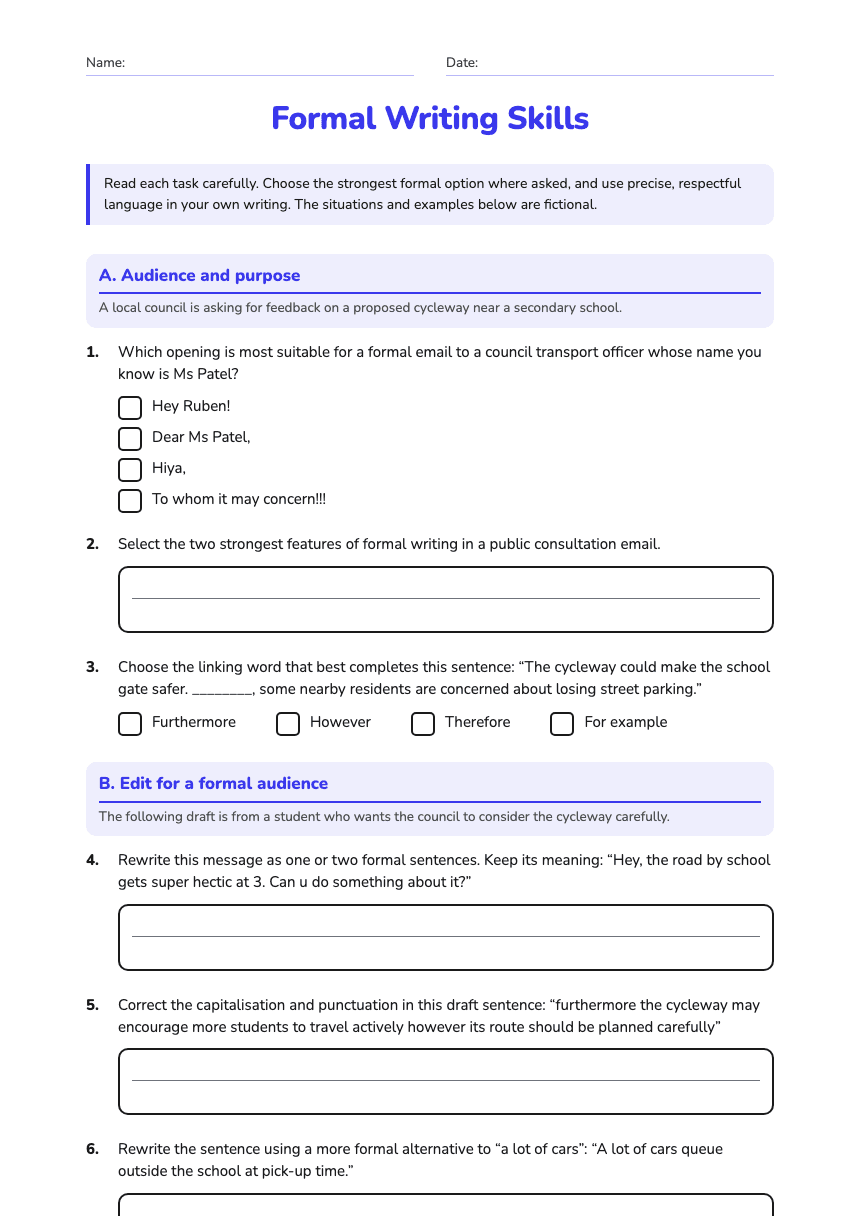 Formal Writing Skills worksheet preview