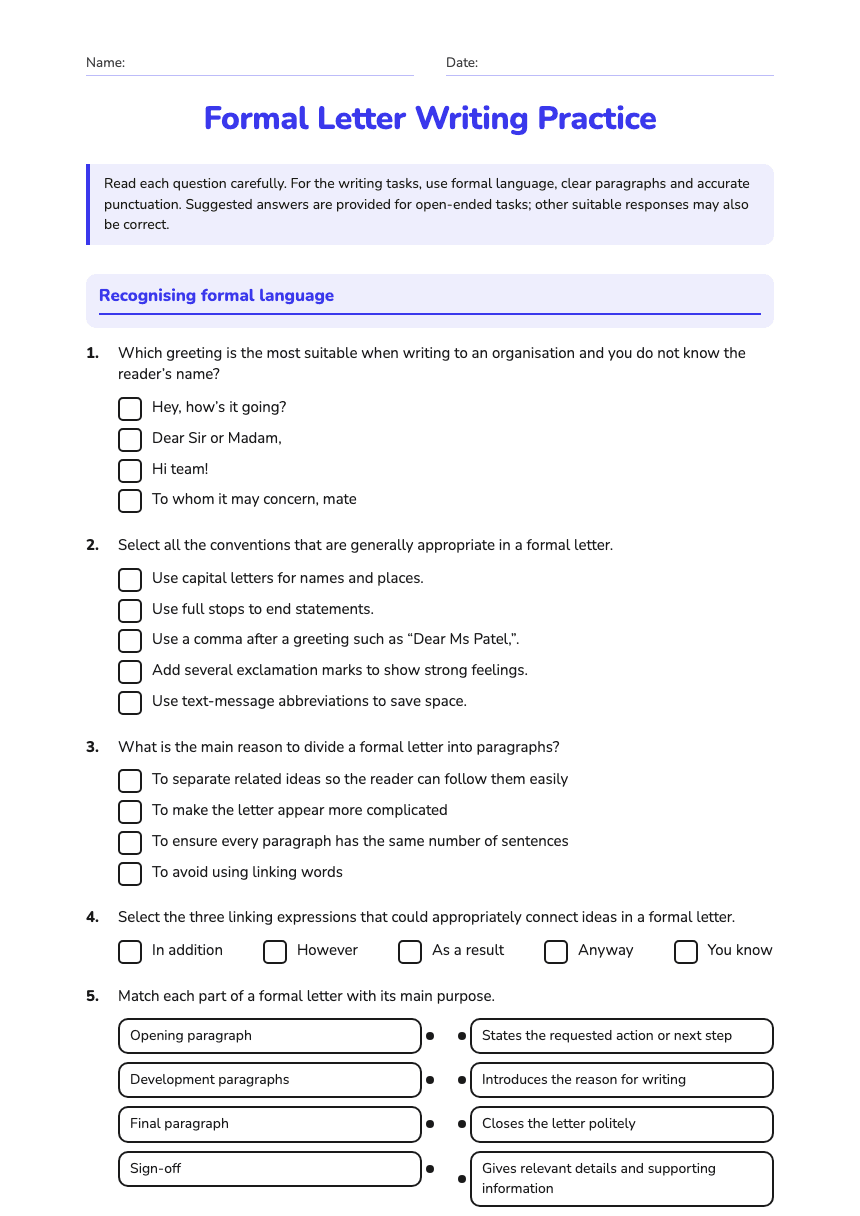 Formal Letter Writing Practice worksheet preview
