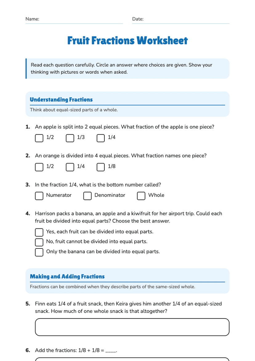 Fruit Fractions Worksheet