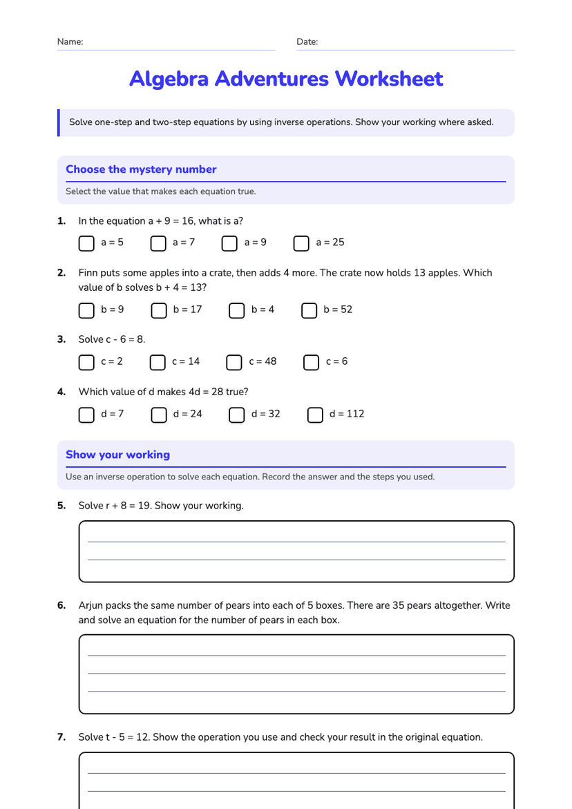 Algebra Adventures Worksheet
