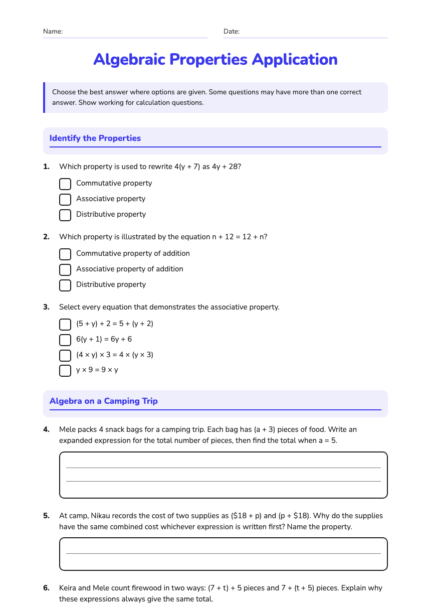 Algebraic Properties Application worksheet preview