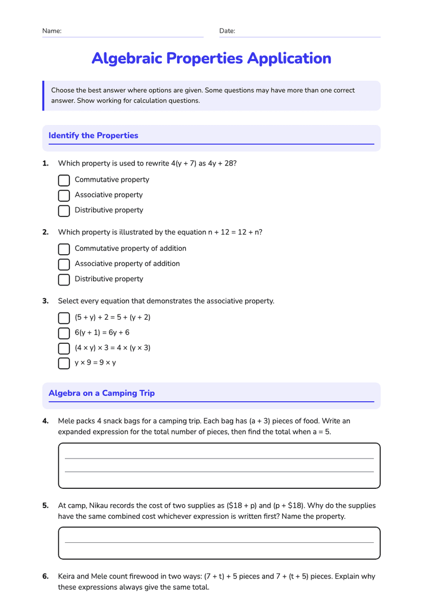 Algebraic Properties Application