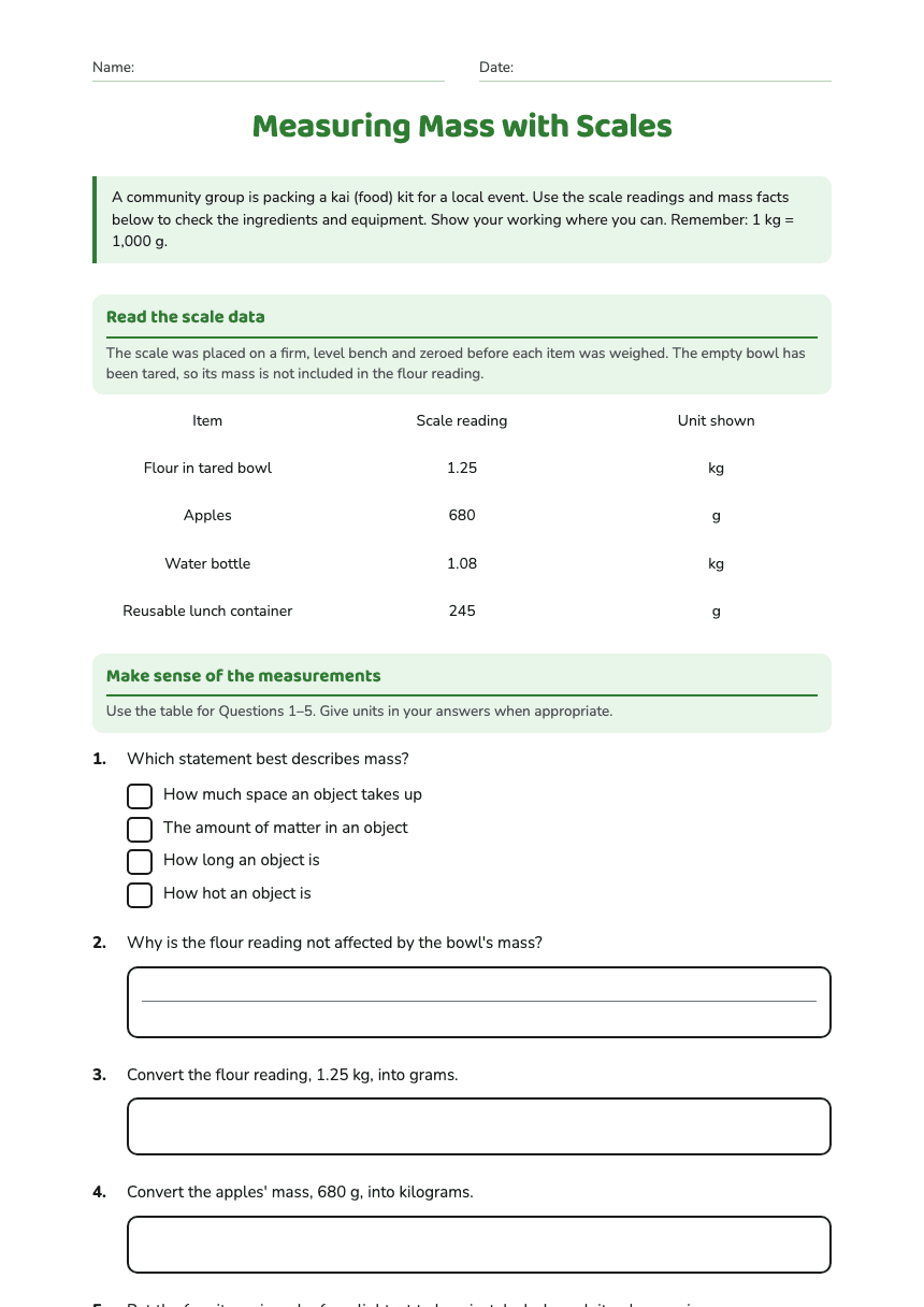 Measuring Mass with Scales worksheet preview