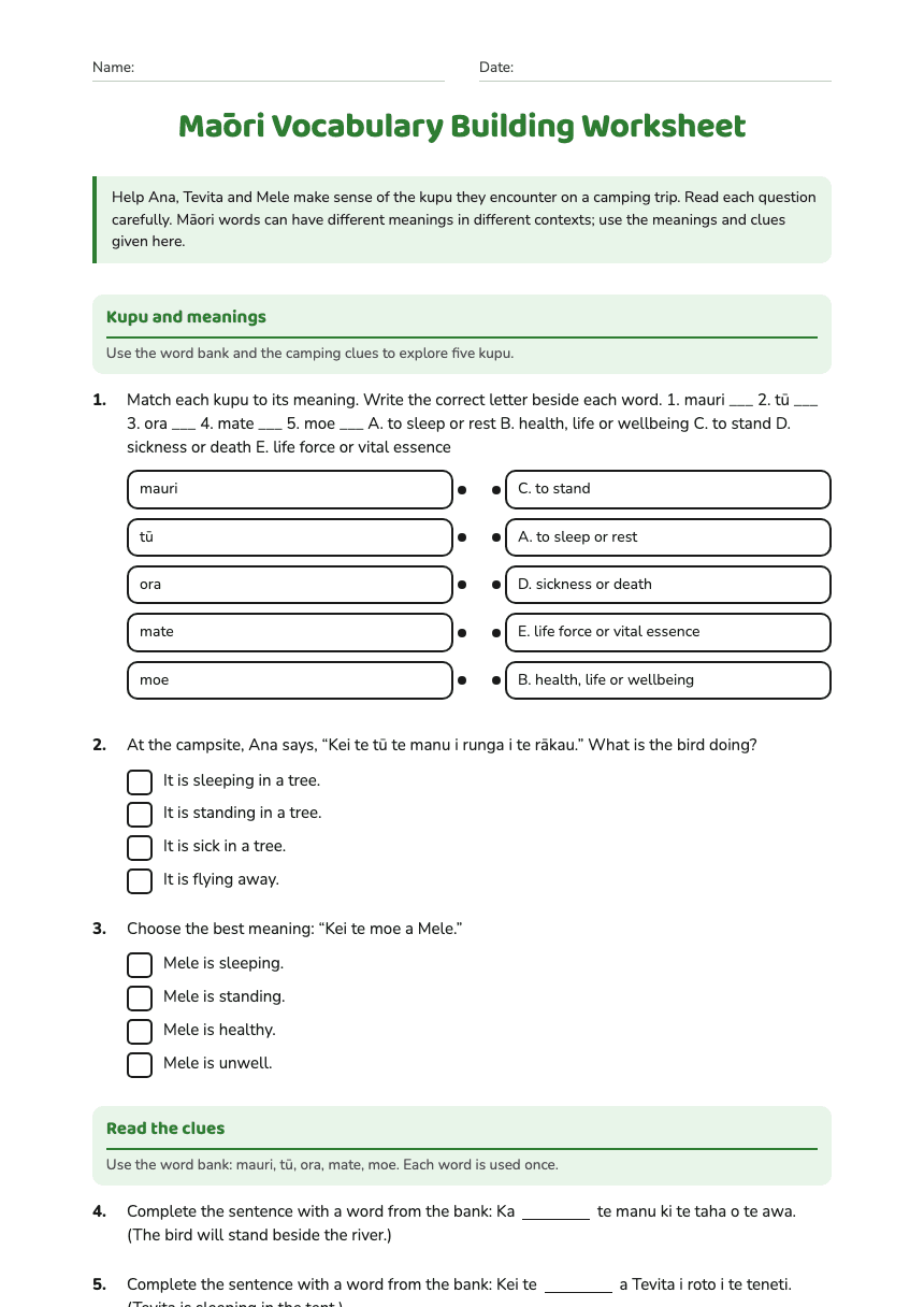 Māori Vocabulary Building Worksheet worksheet preview
