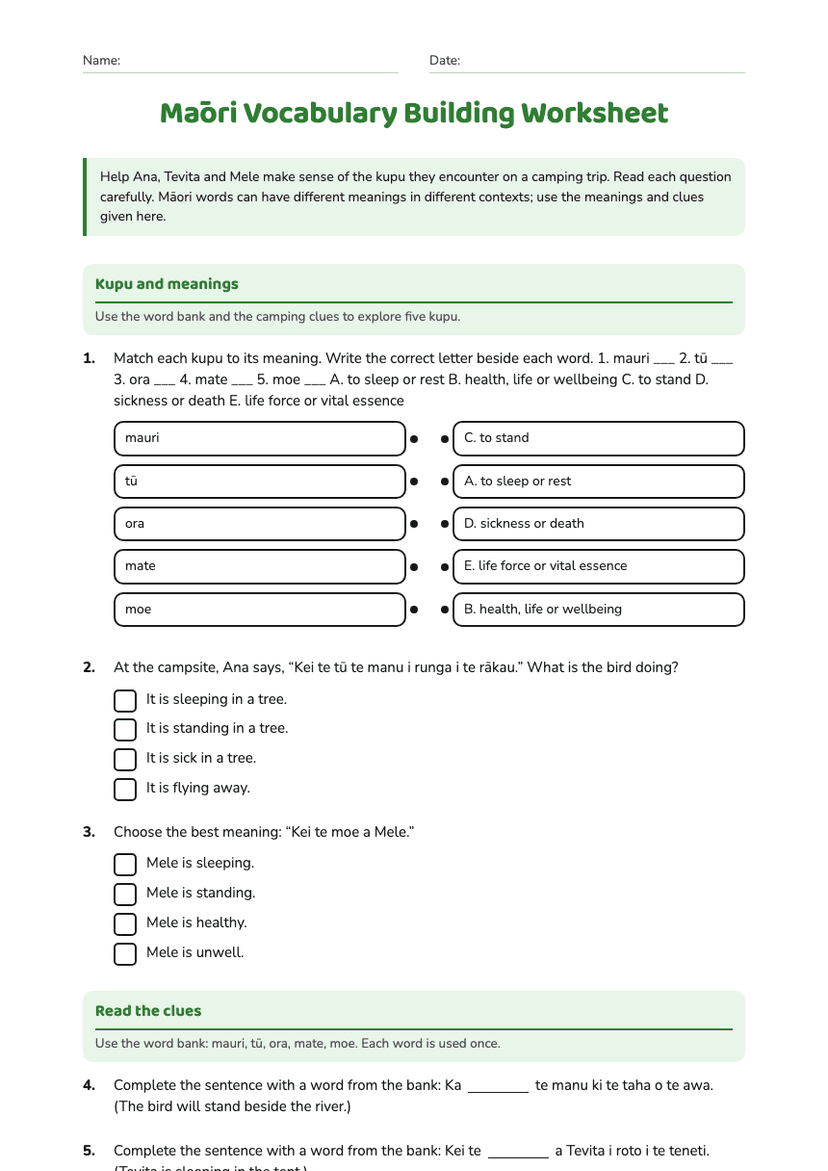 Māori Vocabulary Building Worksheet