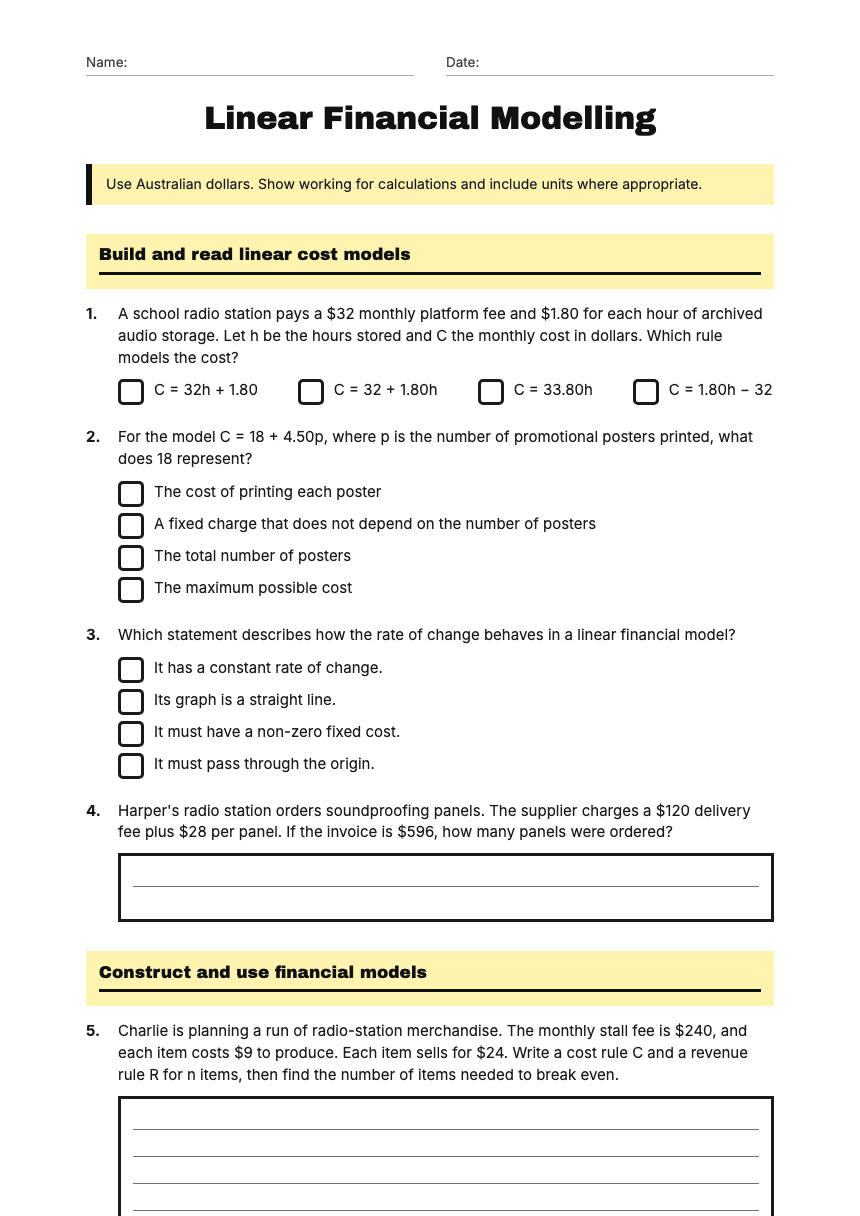 Linear Financial Modelling worksheet preview