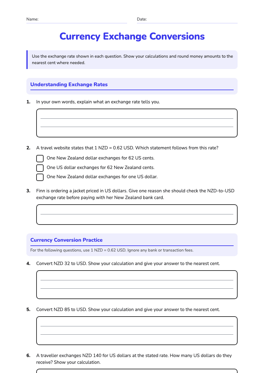 Currency Exchange Conversions worksheet preview