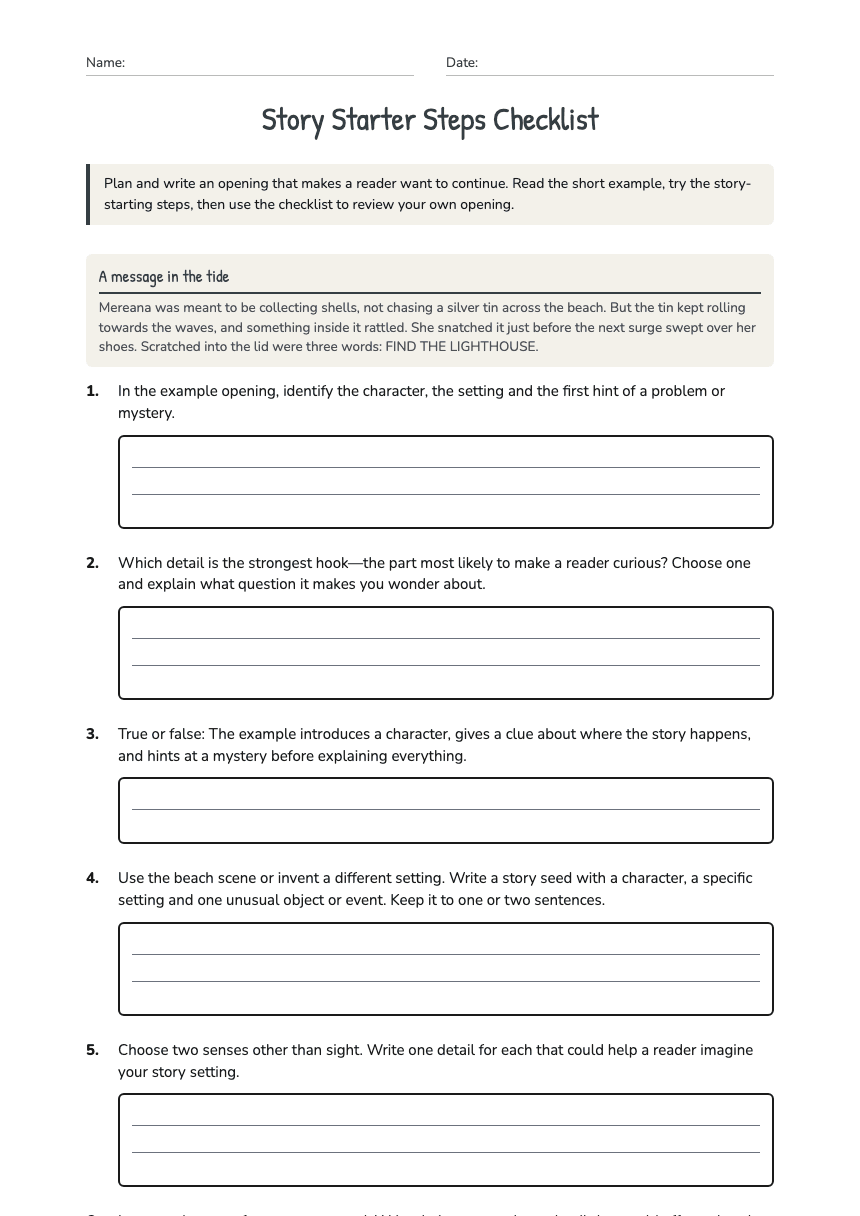 Story Starter Steps Checklist worksheet preview
