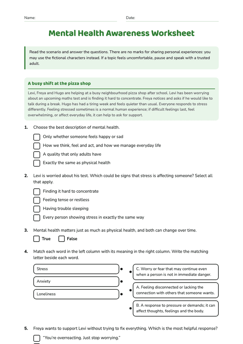 Mental Health Awareness Worksheet