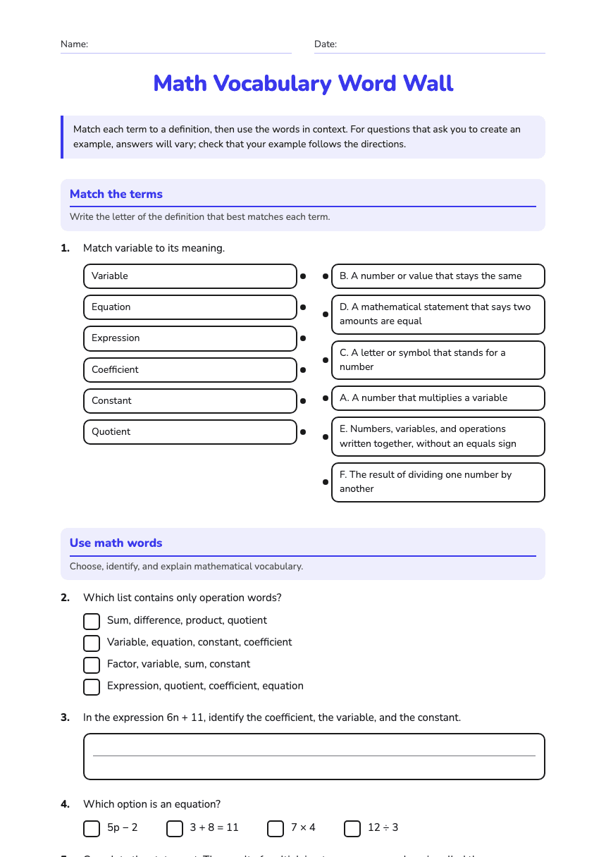 Math Vocabulary Word Wall worksheet preview
