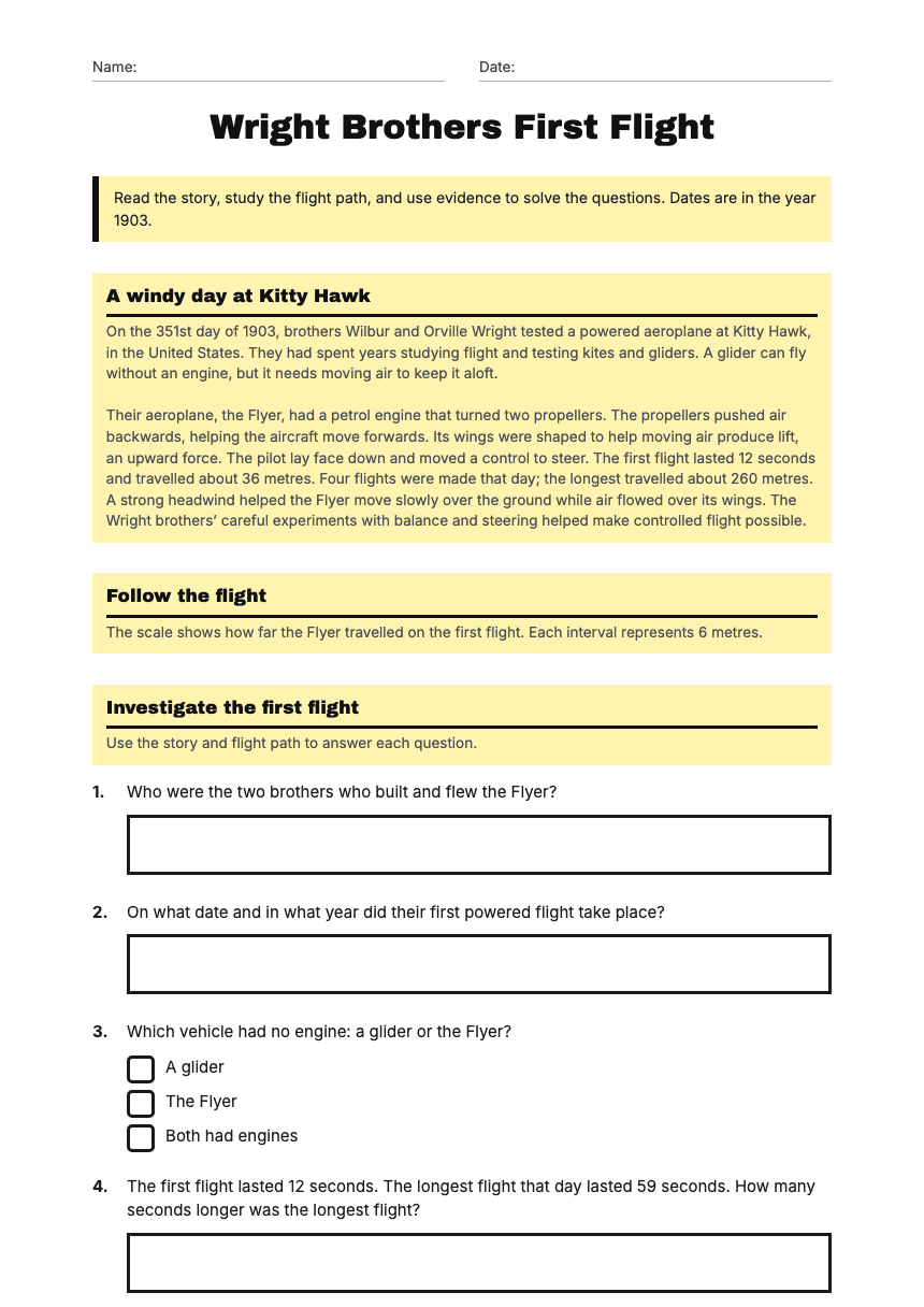 Wright Brothers First Flight worksheet preview