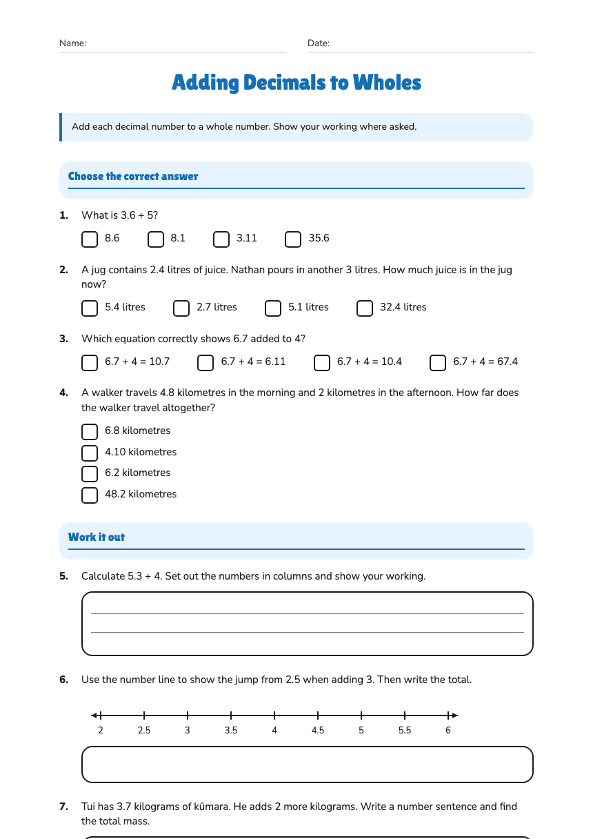Adding Decimals to Wholes worksheet preview