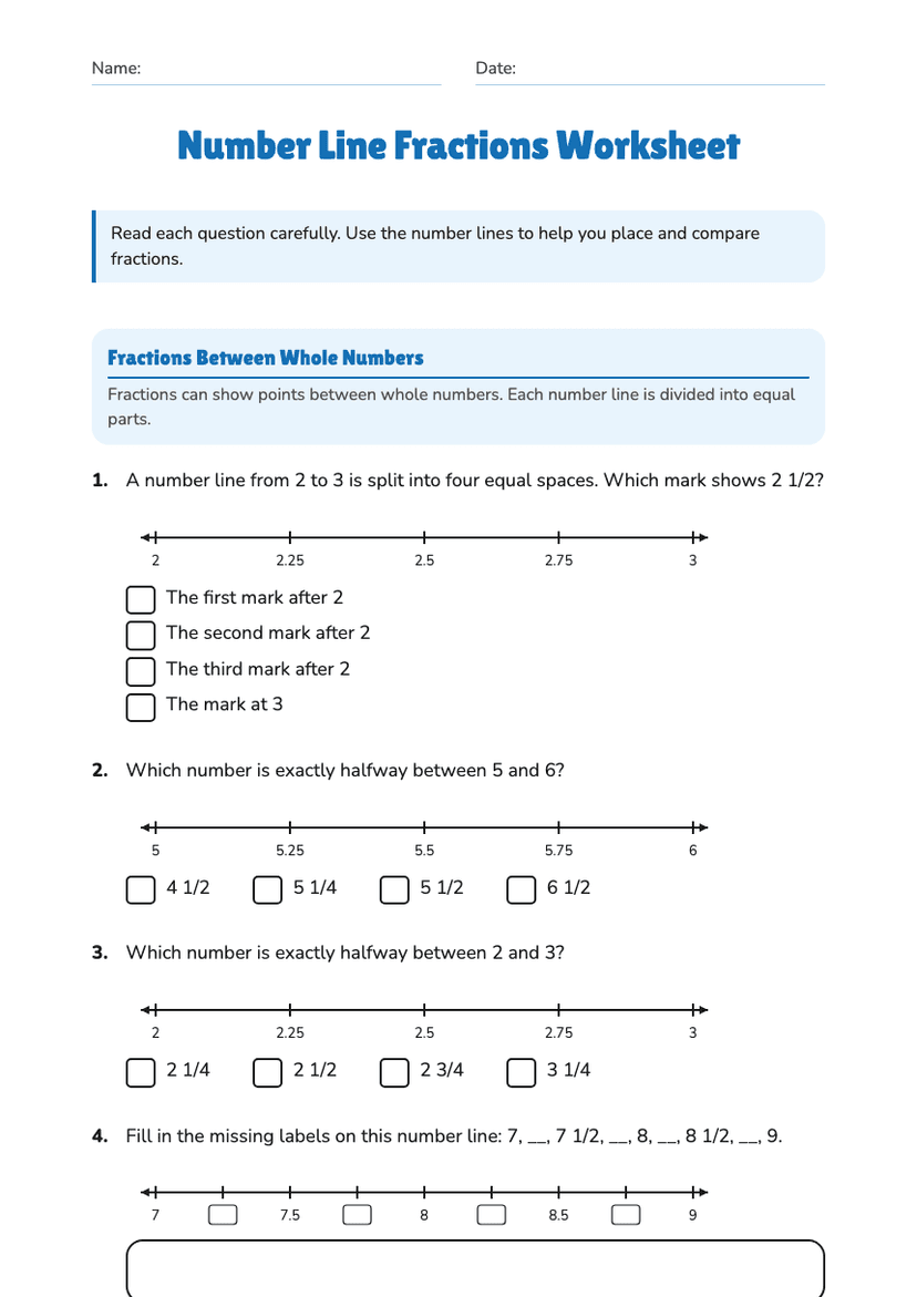 Number Line Fractions Worksheet
