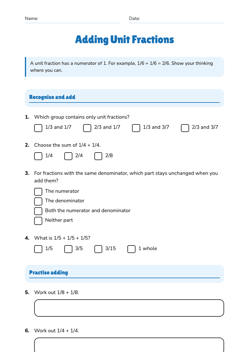 Adding Unit Fractions worksheet preview