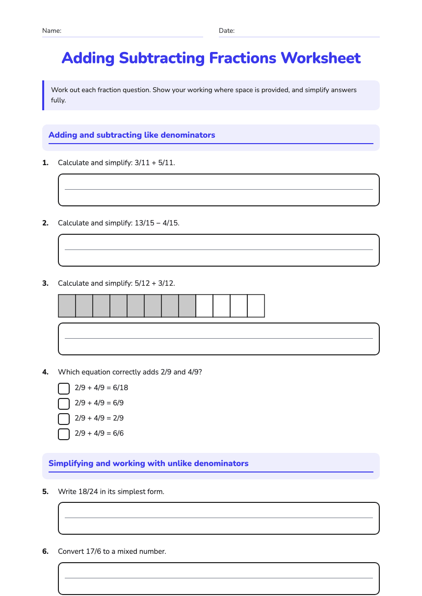 Adding Subtracting Fractions Worksheet worksheet preview
