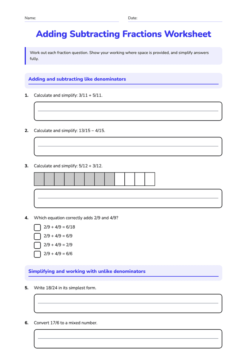 Adding Subtracting Fractions Worksheet