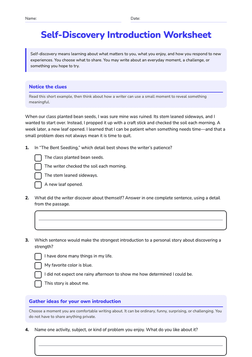 Self-Discovery Introduction Worksheet