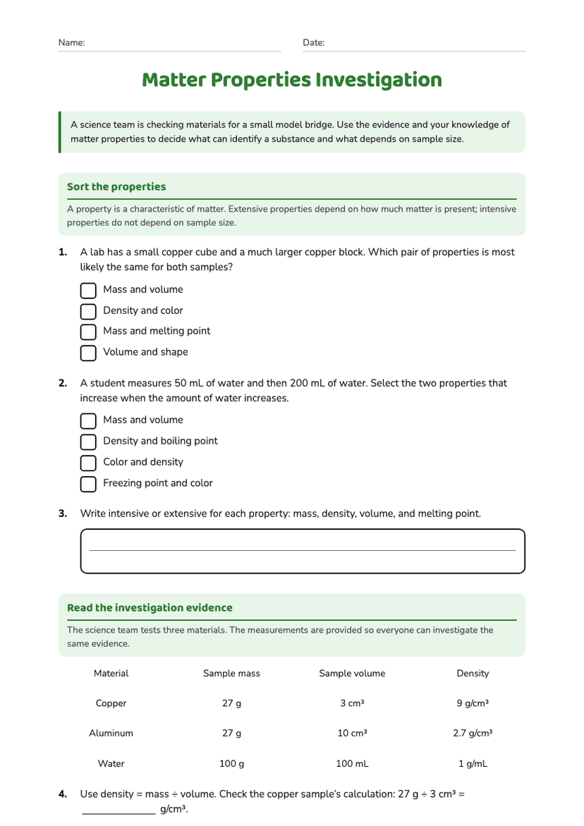 Matter Properties Investigation
