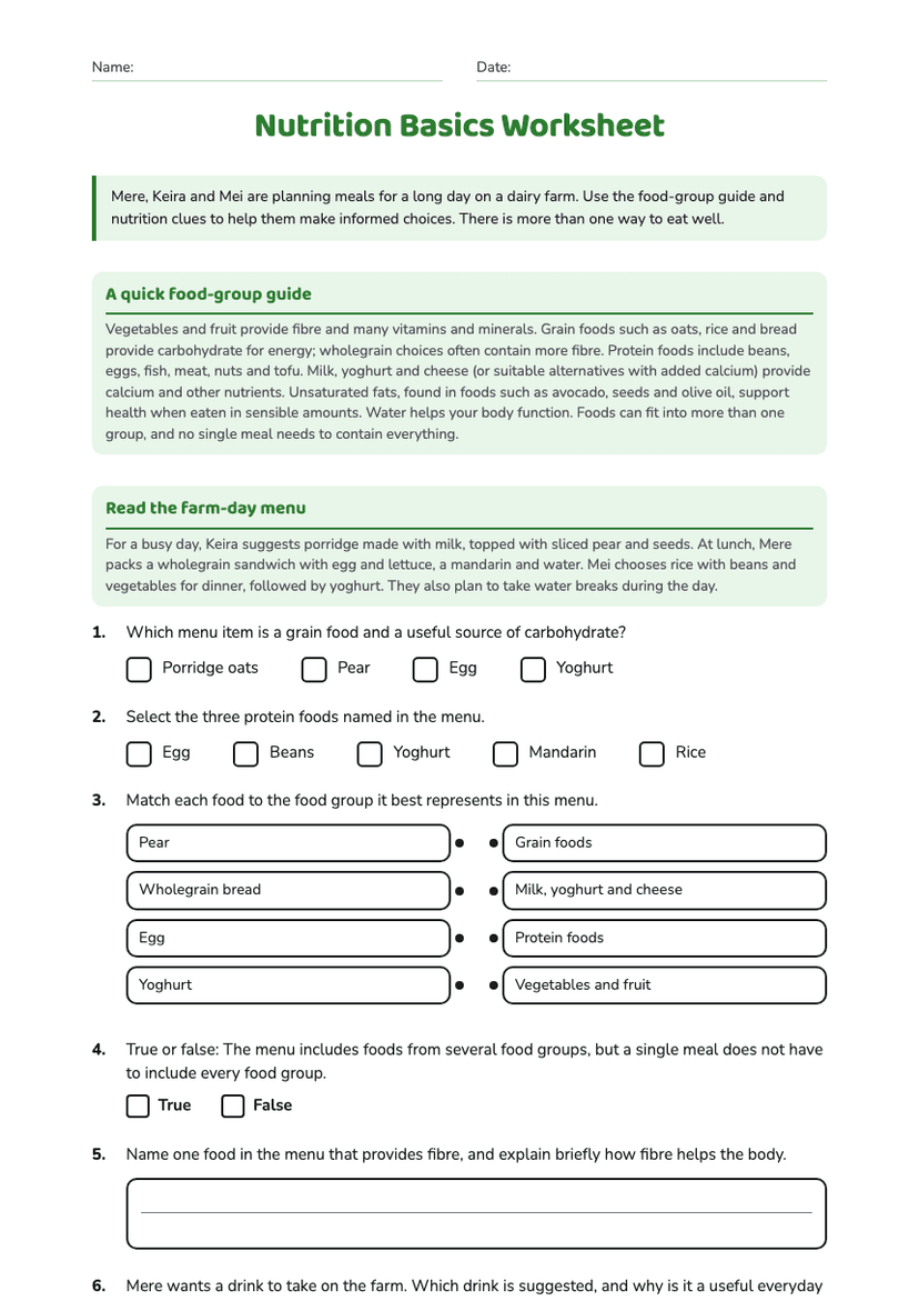 Nutrition Basics Worksheet