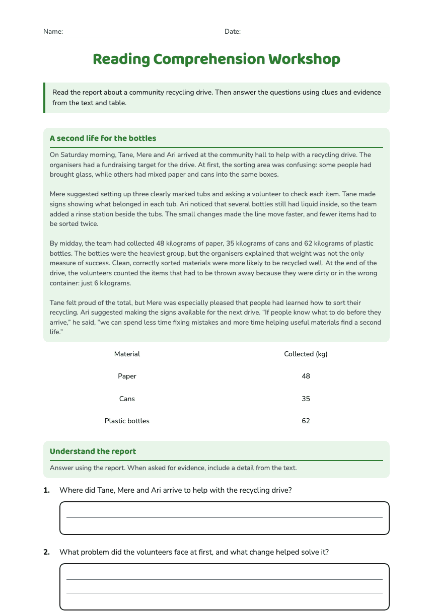 Reading Comprehension Workshop worksheet preview