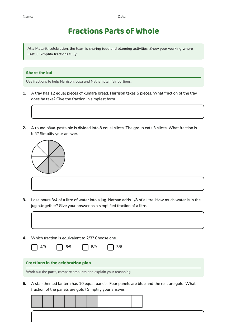 Fractions Parts of Whole worksheet preview