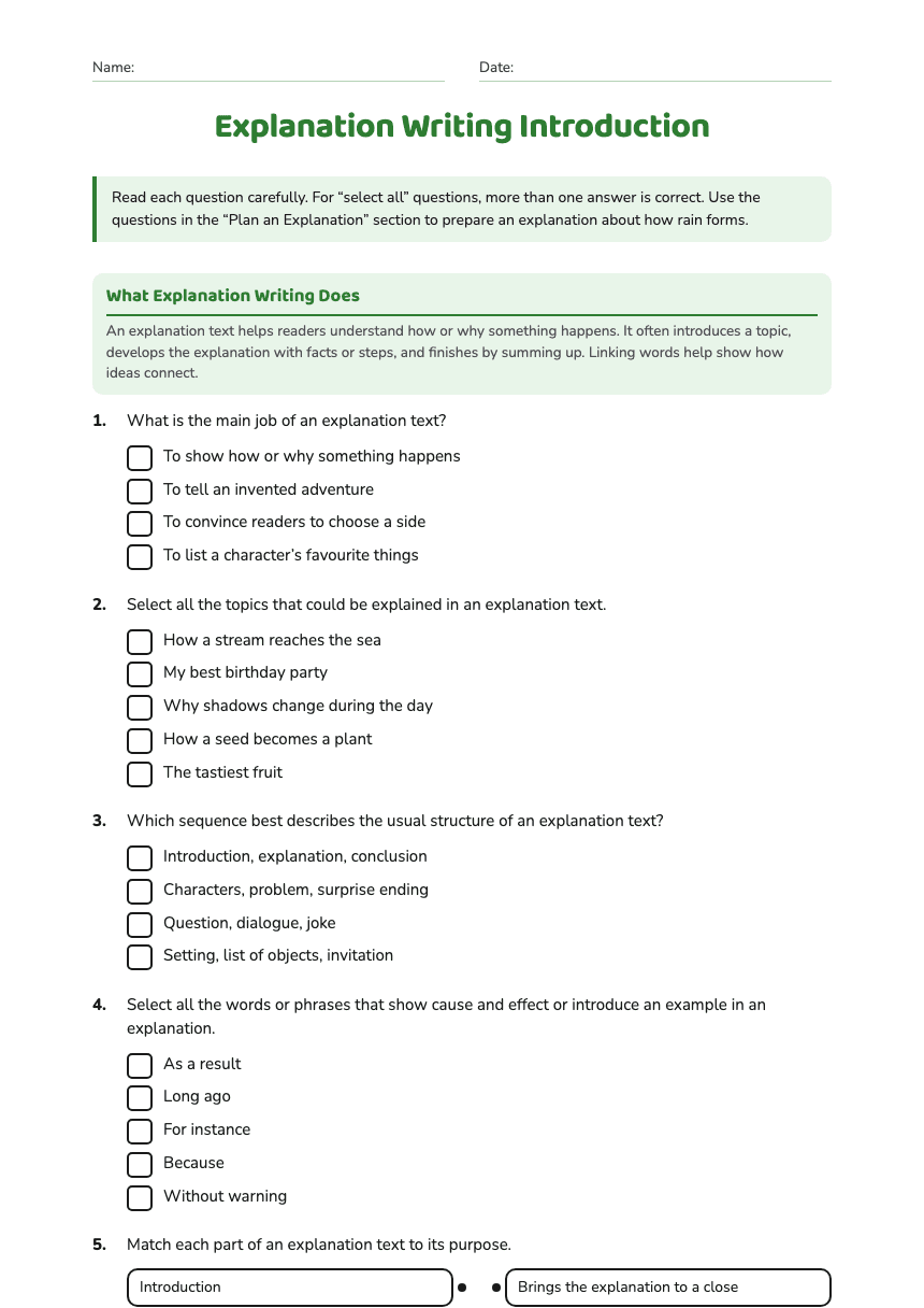 Explanation Writing Introduction worksheet preview