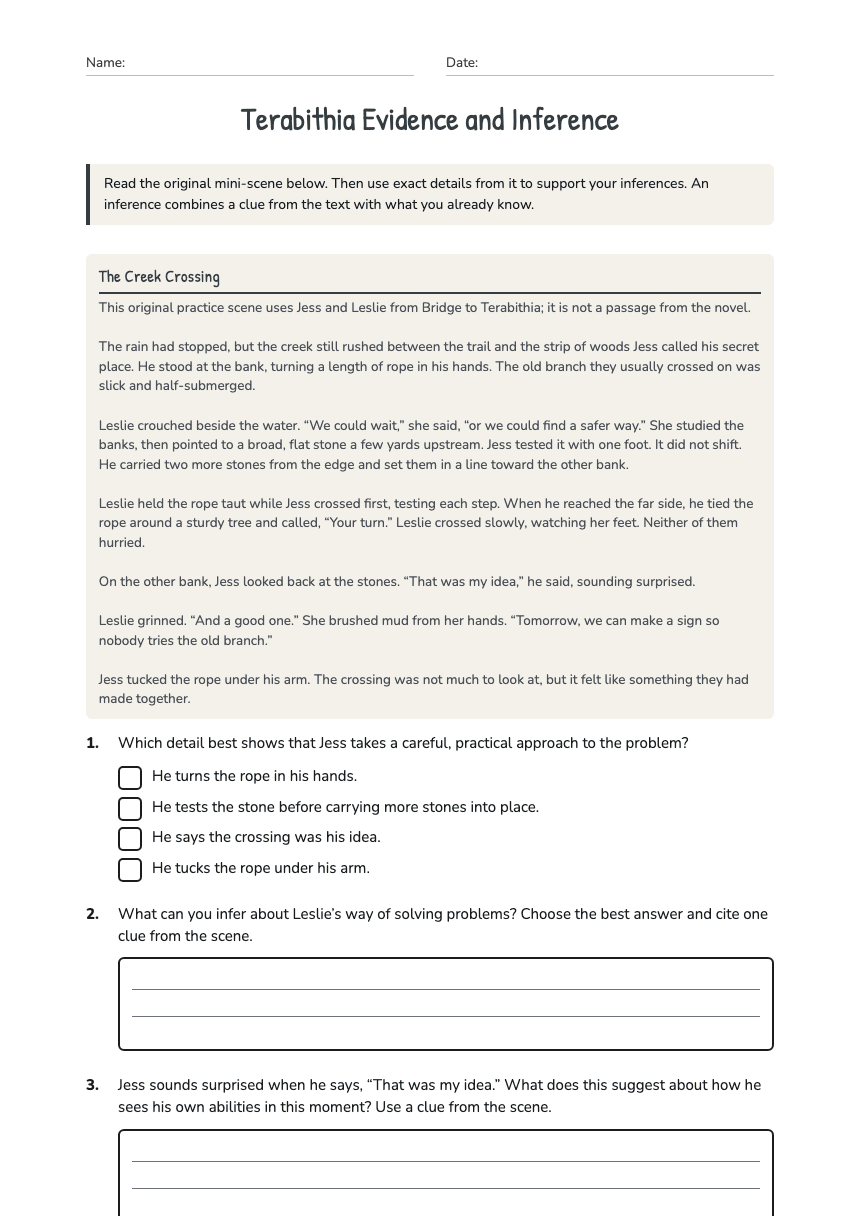 Terabithia Evidence and Inference worksheet preview