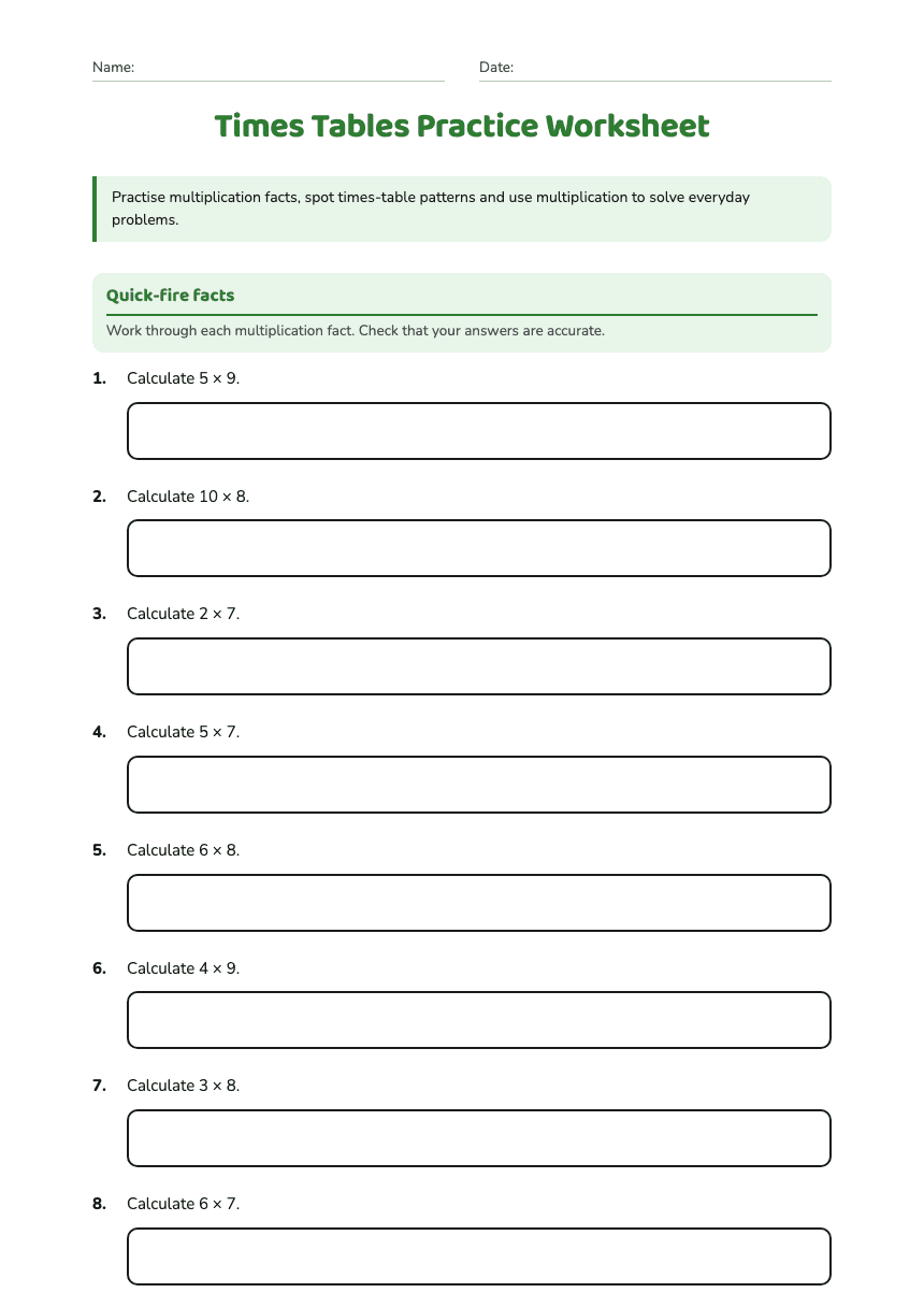 Times Tables Practice Worksheet worksheet preview