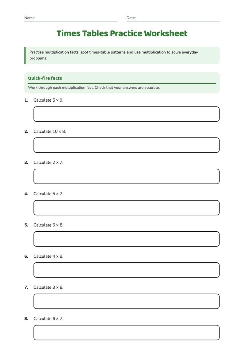 Times Tables Practice Worksheet