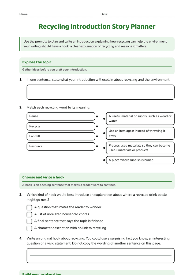 Recycling Introduction Story Planner