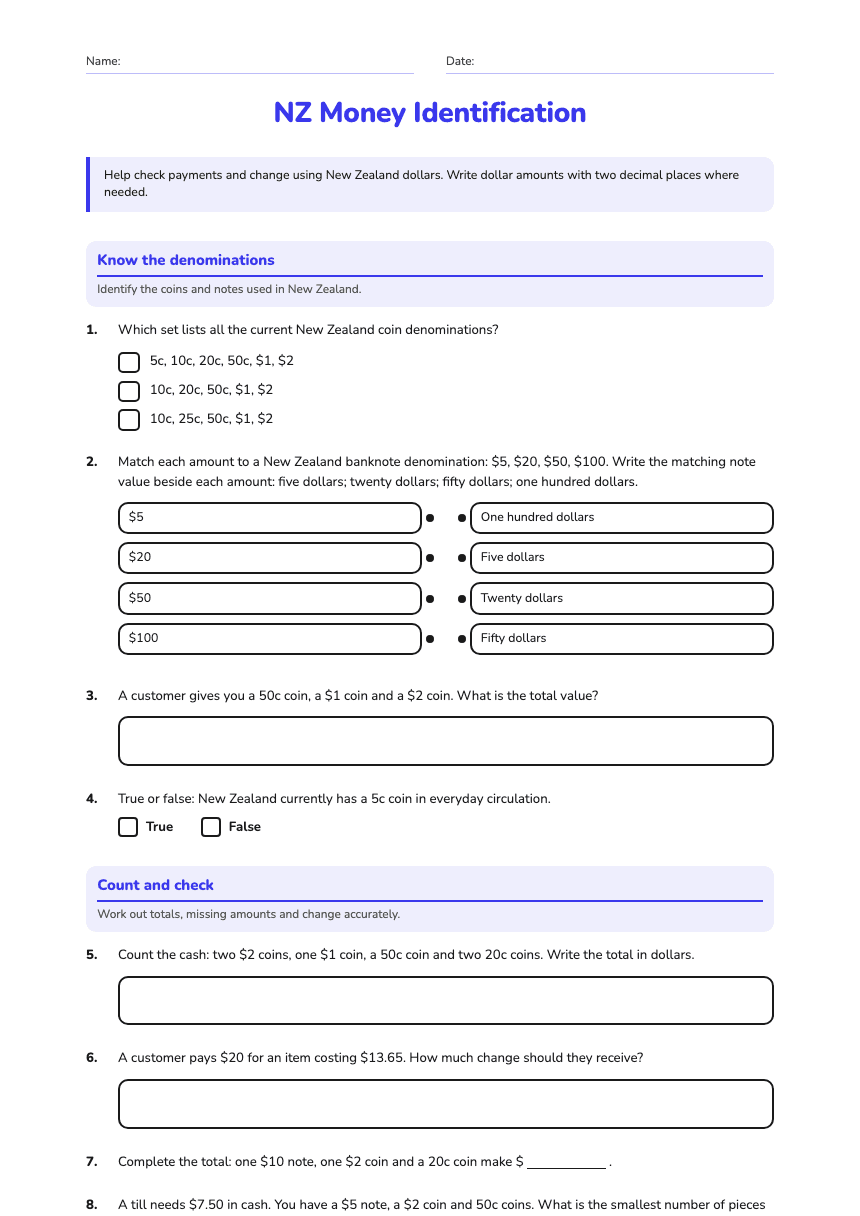 NZ Money Identification worksheet preview