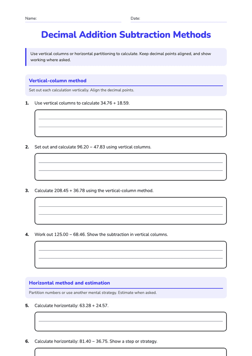 Decimal Addition Subtraction Methods