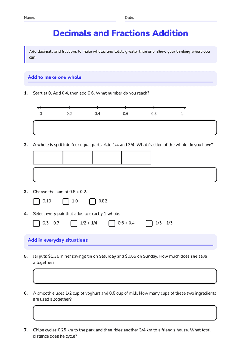 Decimals and Fractions Addition