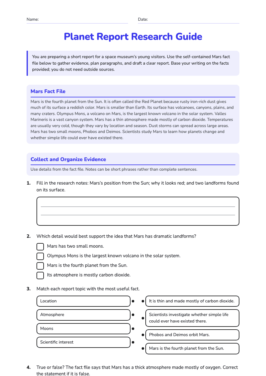 Planet Report Research Guide worksheet preview