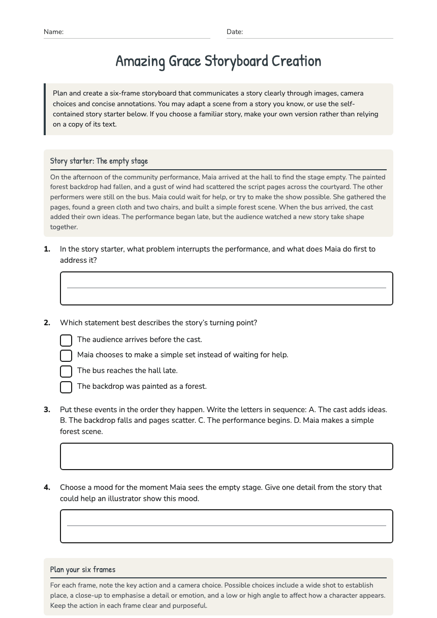 Amazing Grace Storyboard Creation worksheet preview