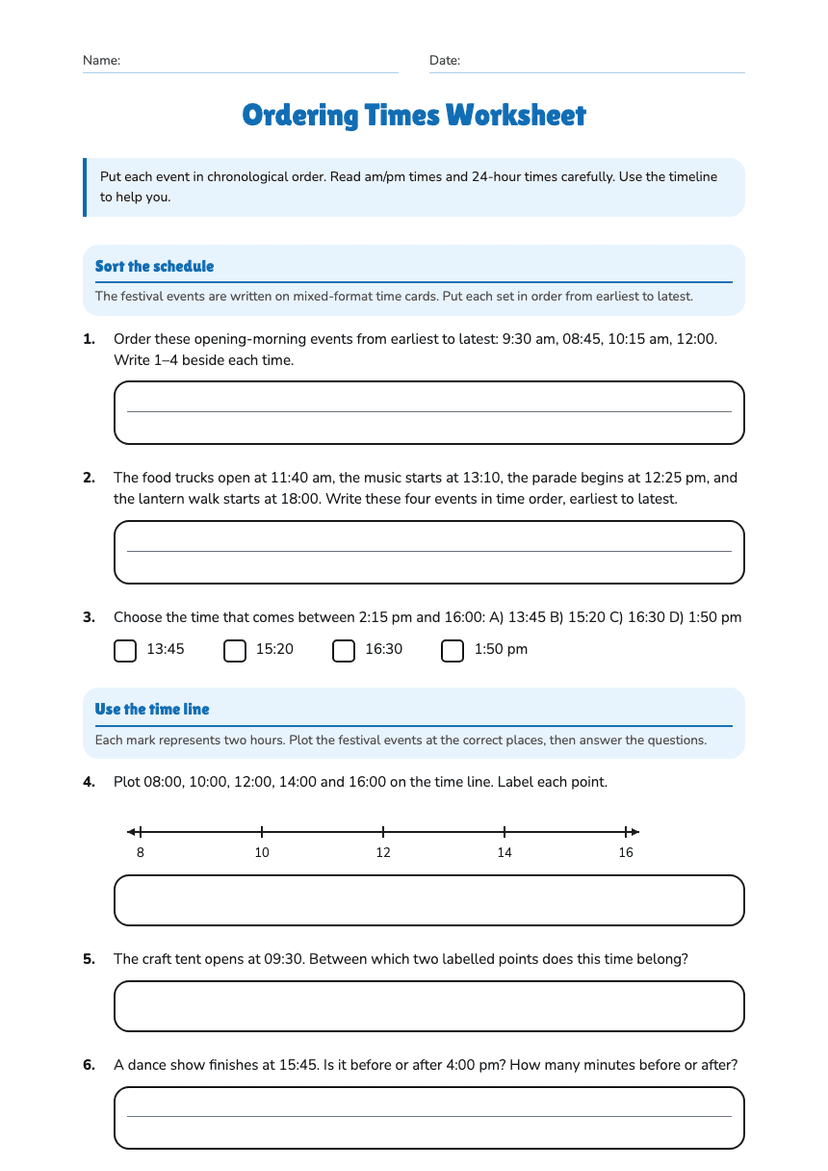 Ordering Times Worksheet