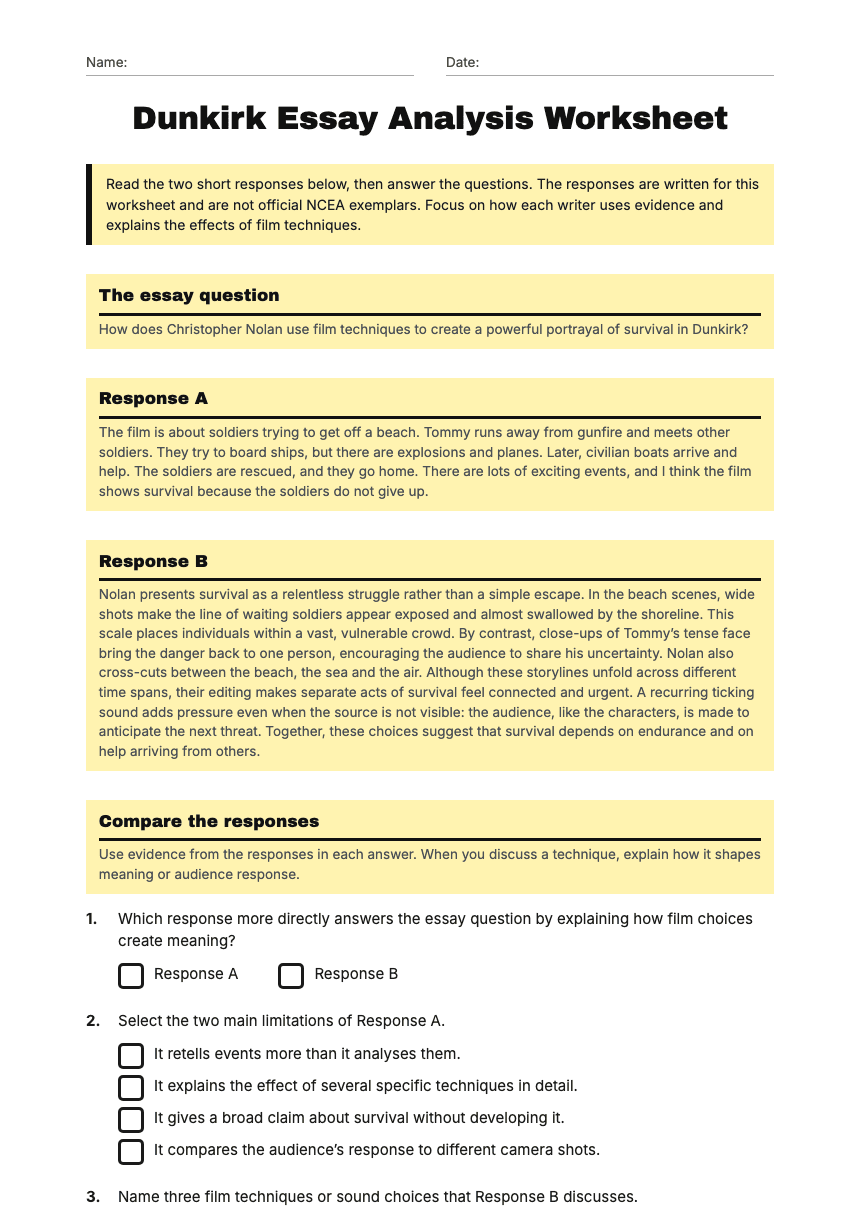 Dunkirk Essay Analysis Worksheet worksheet preview