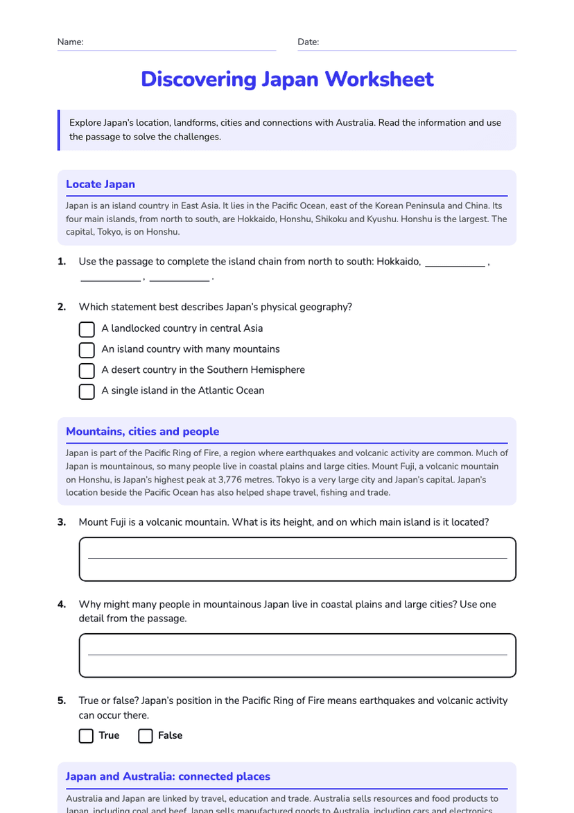 Discovering Japan Worksheet