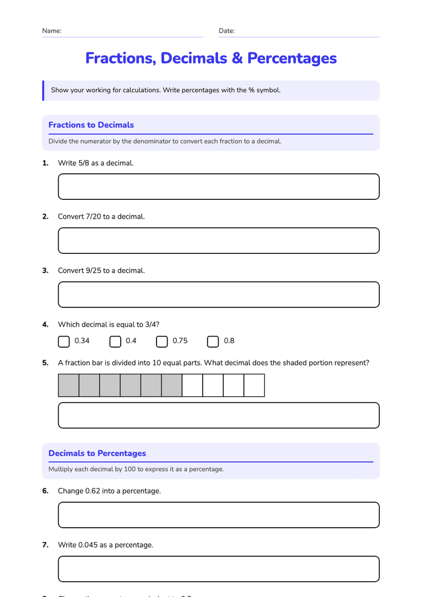 Fractions, Decimals & Percentages